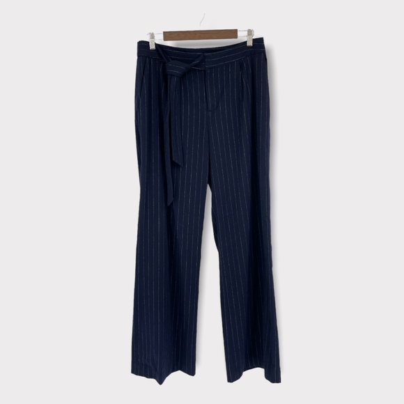 Halogen Navy Blue Pinstriped‎ Wide Leg Tie Waist Pants - Picture 1 of 7